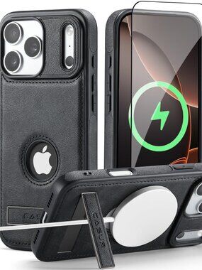 For iPhone 17 Pro leather Case Compatible MagSafe Kickstand with Tempered Glass